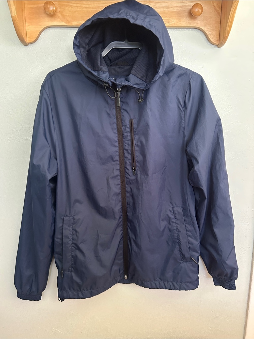 Men's Hooded Navy Raincoat with Zip Chest Pocket